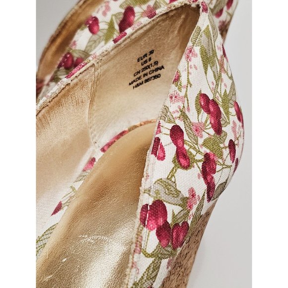 H&M Cork Cherry Print Canvas Wedge Heels Size 8 Knot Top Rockabilly - Picture 5 of 10